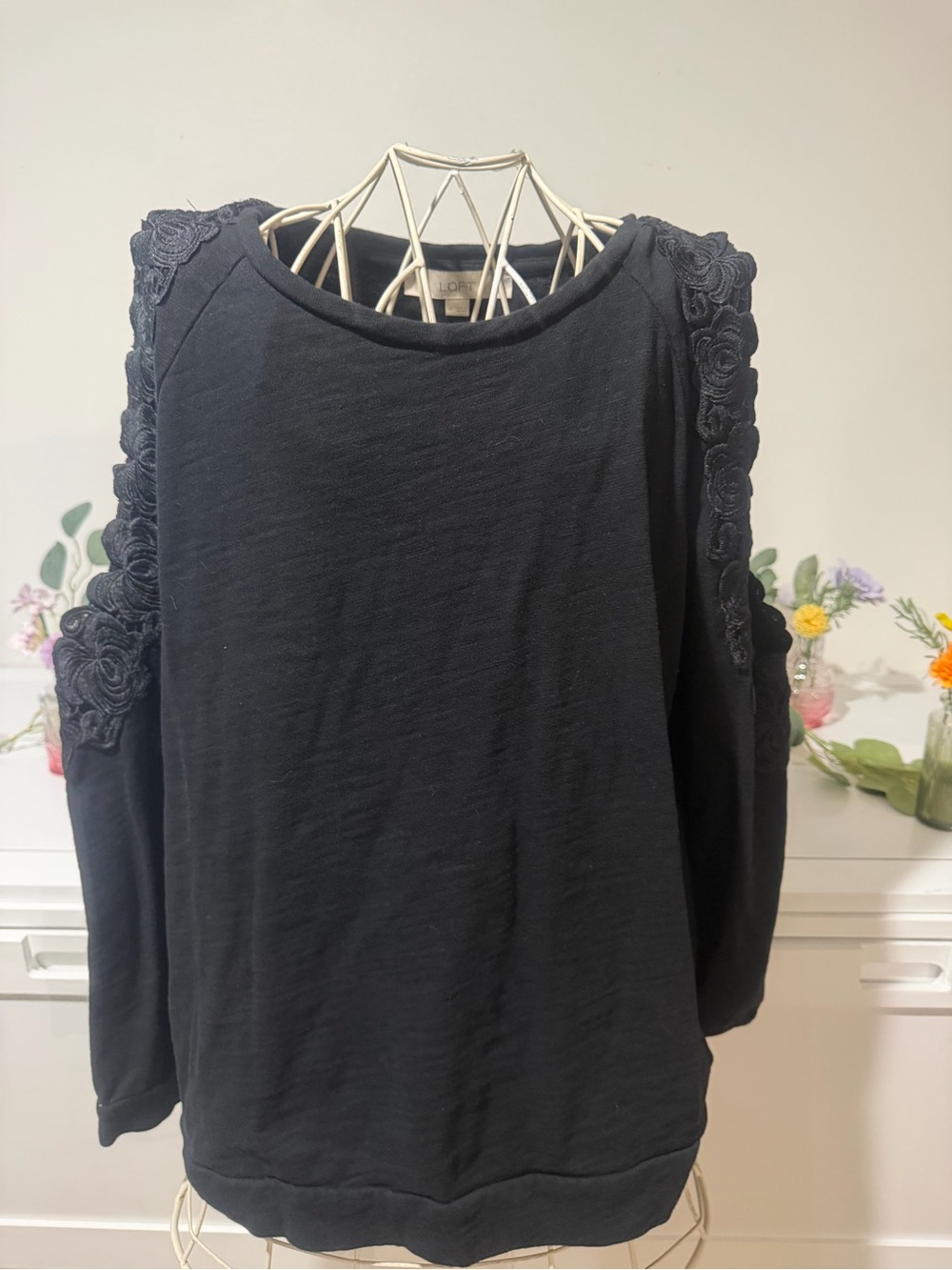 LOFT Black Sweatshirt with Floral Lace Cut Out Shoulder Trim